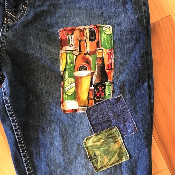 Upcycled Hippie Patchwork Jeans, Men’s Size 36/30: Handmade Bar Scene Patches - Picture 5 of 12